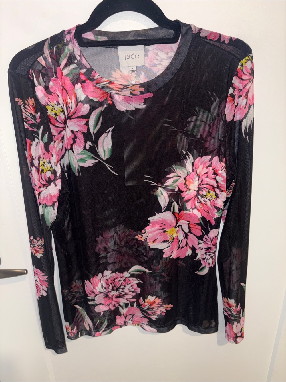 Jade Black Mesh Long-Sleeve Top with Pink Floral Print - Picture 3 of 4